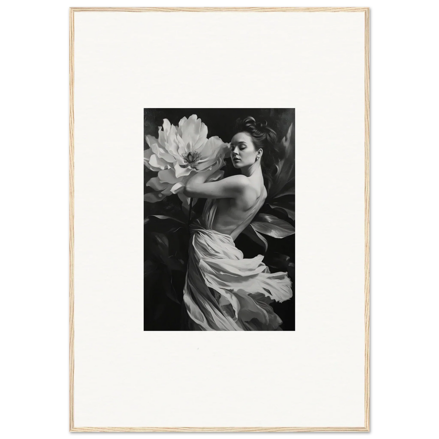 Black and white photograph of a woman in flowing fabric for framed wall art and room decor