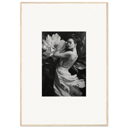 Black and white photograph of a woman in flowing fabric for framed wall art and room decor