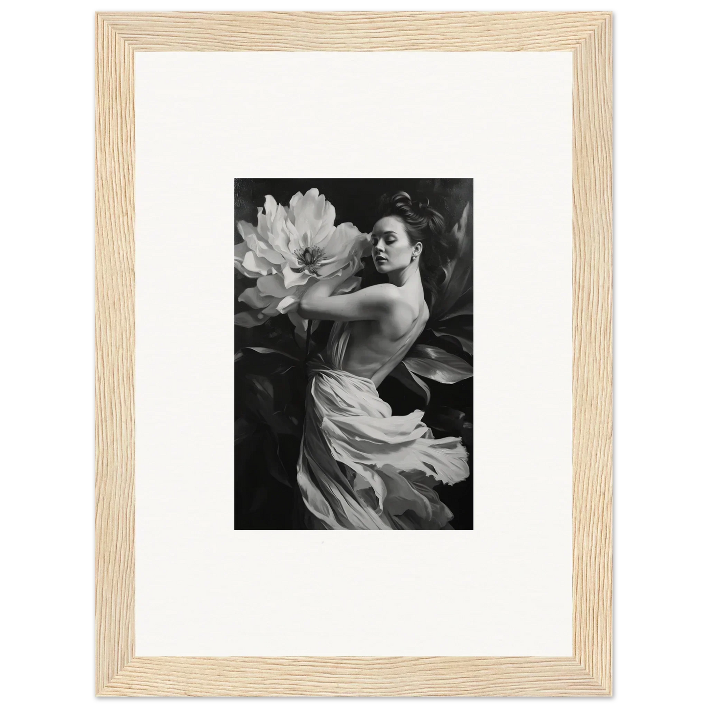 Black and white photo of a woman in fabric with a flower, ideal for framed wall art