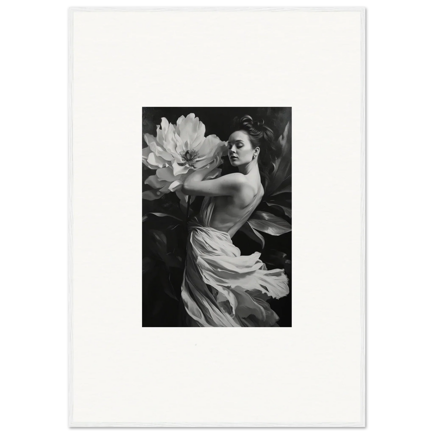 Black and white photograph of a woman with flowing fabric, ideal for framed wall art