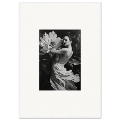 Black and white photograph of a woman with flowing fabric, ideal for framed wall art