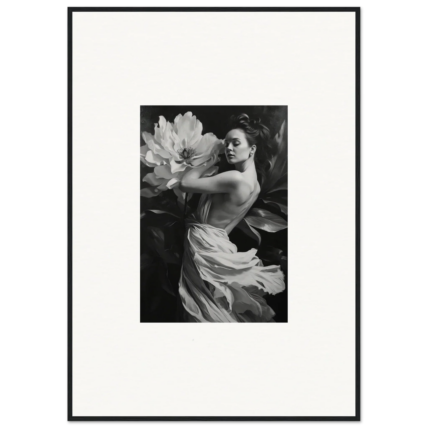 Black and white photograph of a woman reaching for a flower, perfect for wall art decor