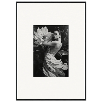 Black and white photograph of a woman reaching for a flower, perfect for wall art decor