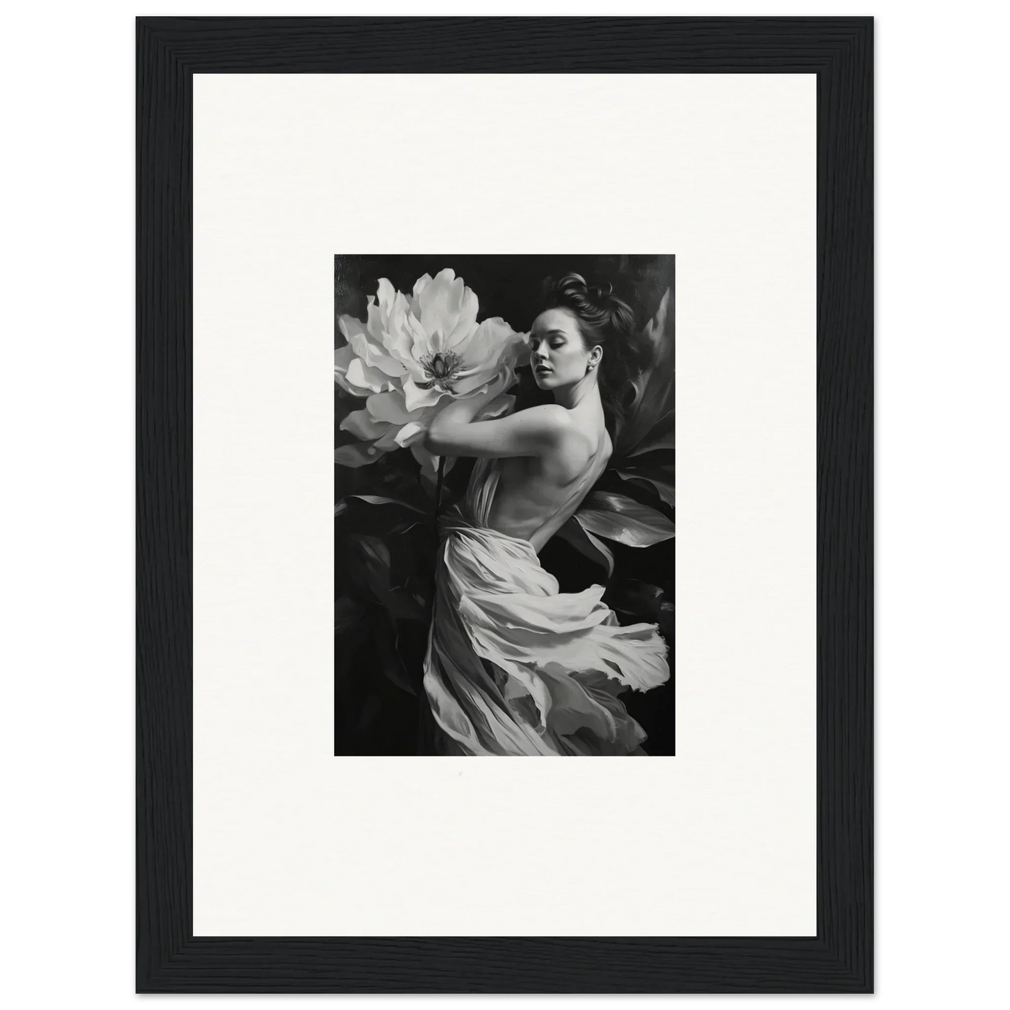 Black and white photograph of a woman with fabric and flower for framed wall art