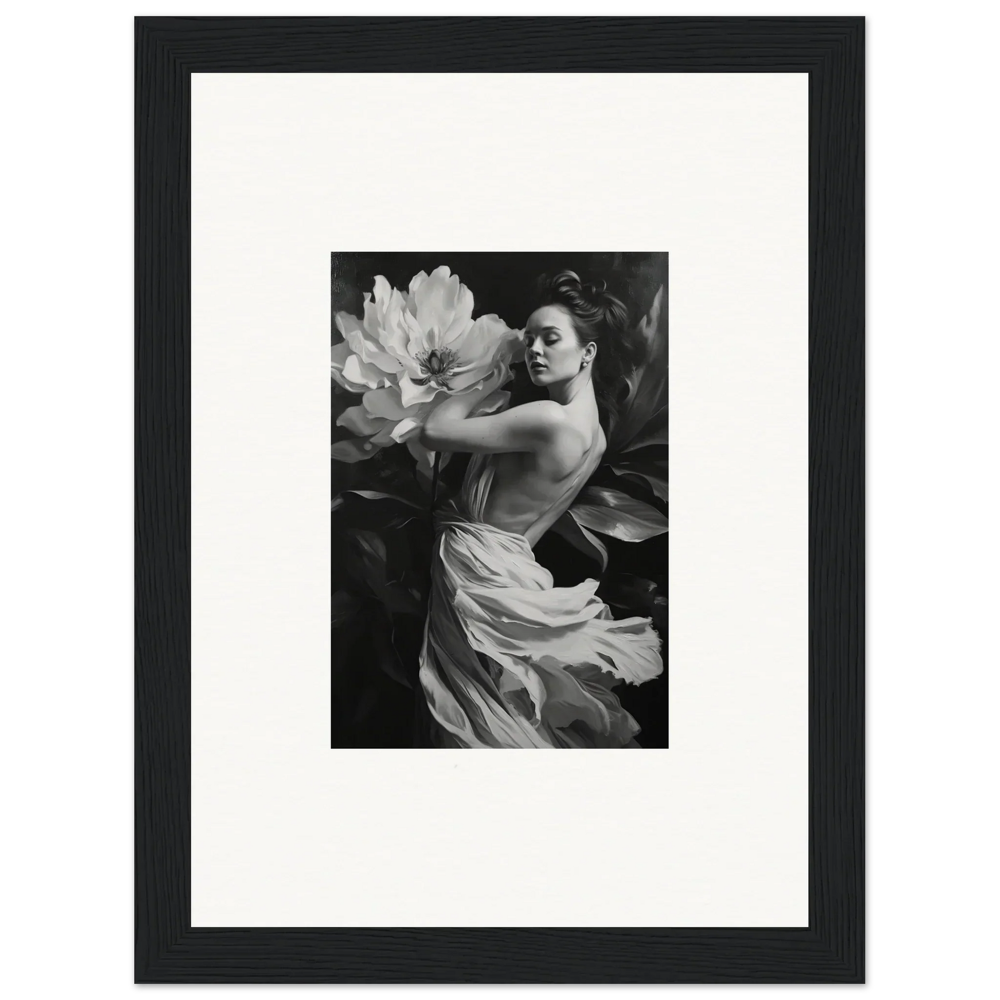 Black and white photograph of a woman with fabric and flower for framed wall art