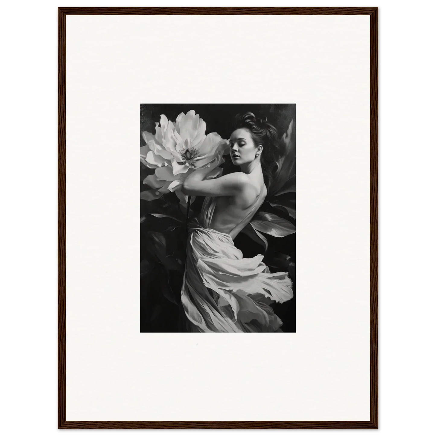 Black and white woman in flowing fabric for elegant room decor or canvas prints