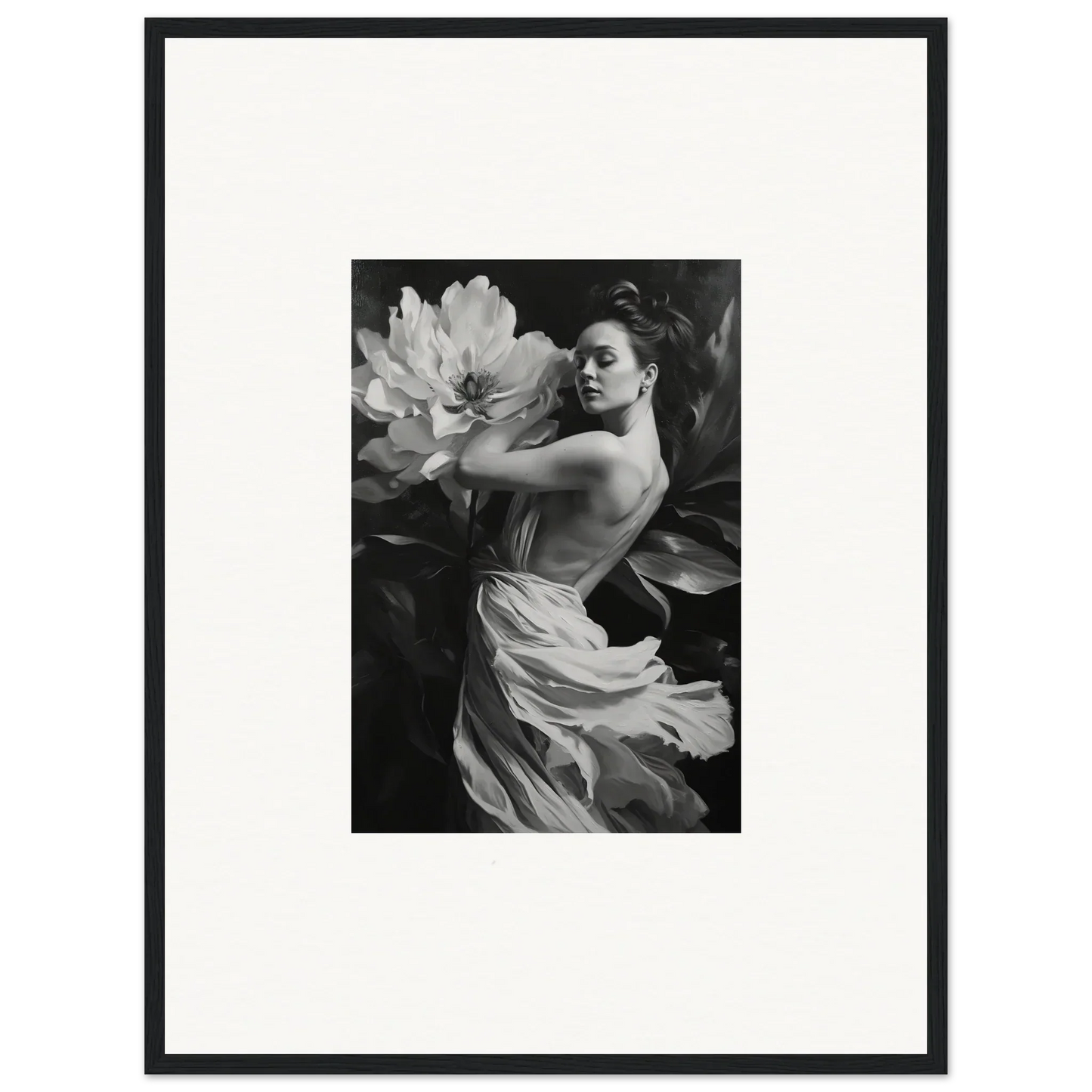 Black and white photograph of a woman with fabric and flower, perfect for room decor