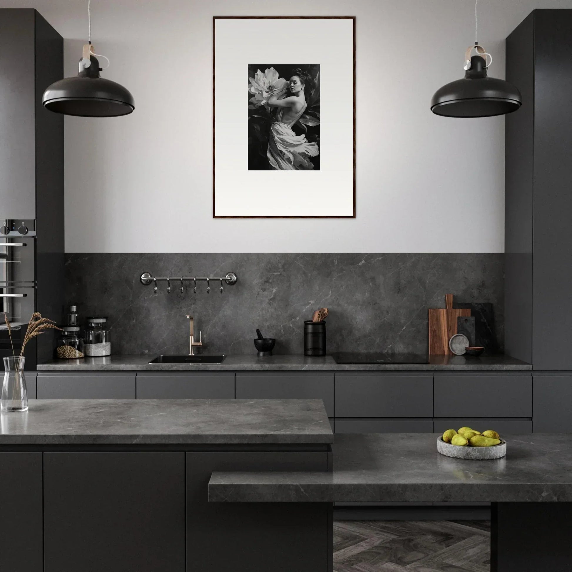 Modern kitchen with dark cabinetry, perfect for room decor and canvas prints