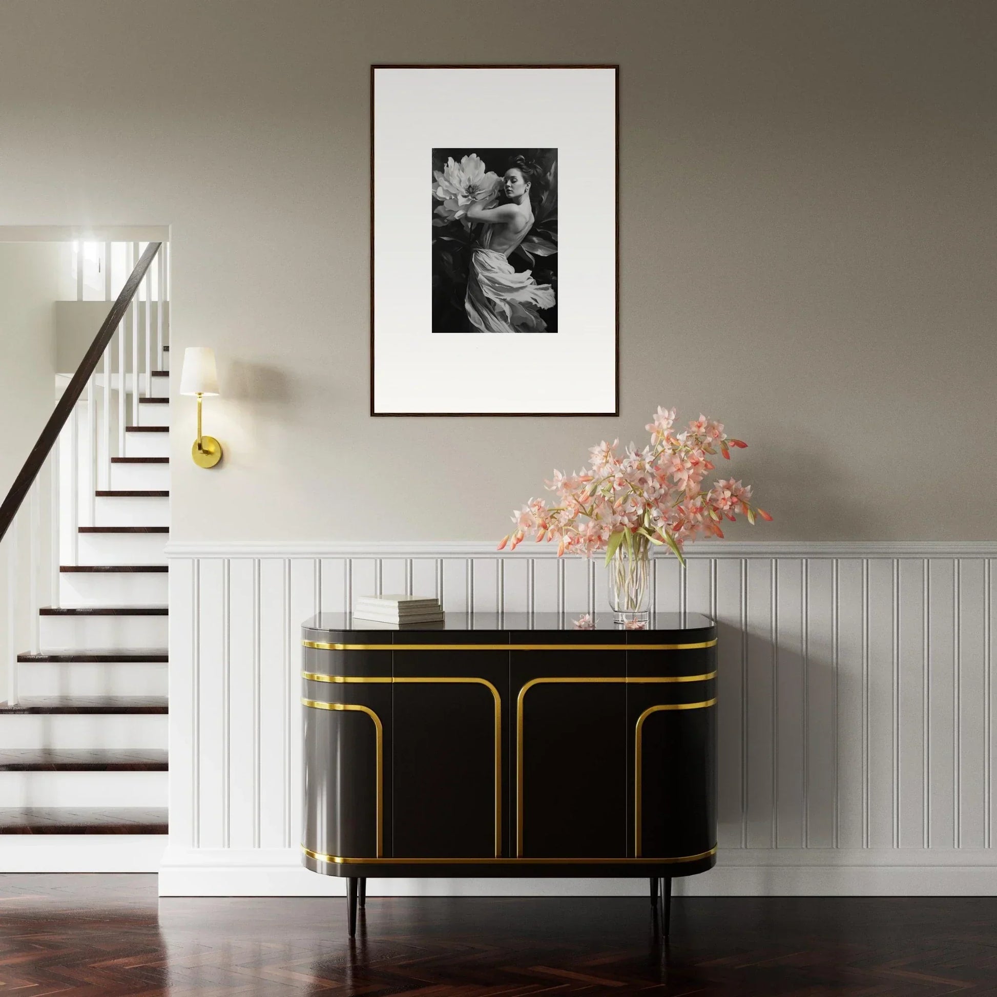 Elegant black and gold sideboard enhancing room decor with stylish curved edges