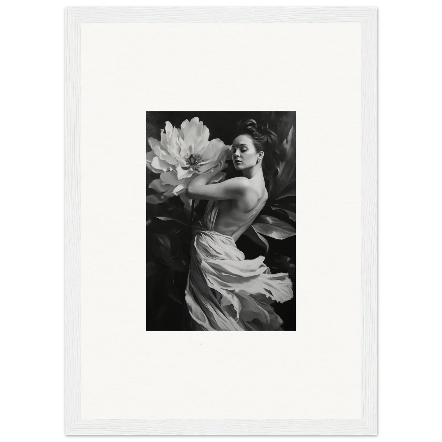 Black and white photograph of a woman in flowing fabric for room decor and canvas prints