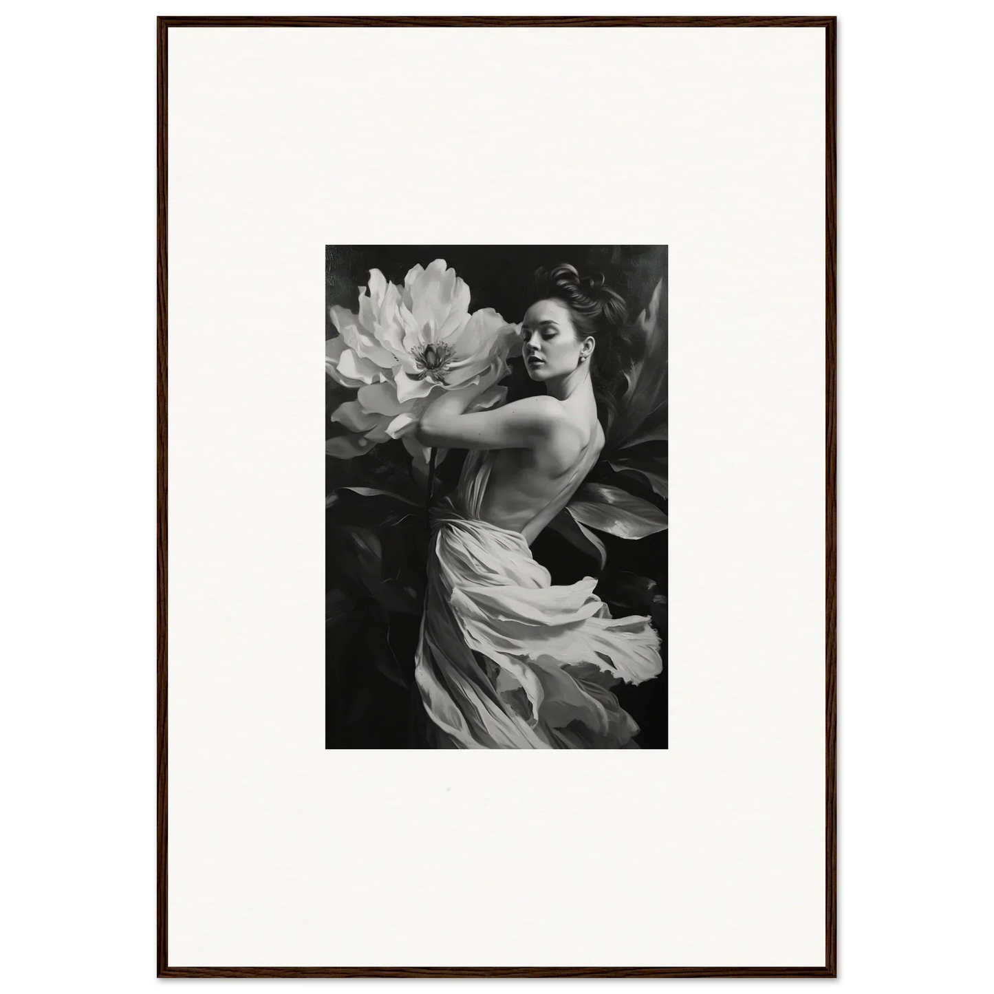 Black and white photograph of a woman with flower, perfect for framed wall art