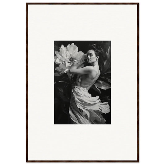 Black and white photograph of a woman with flower, perfect for framed wall art