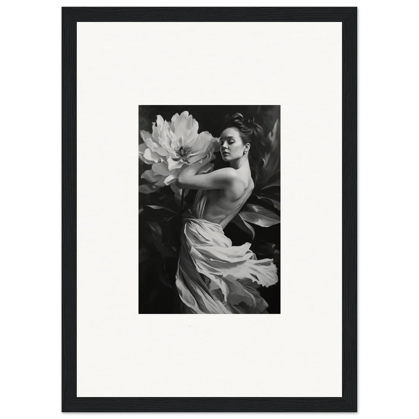 Black and white photograph of a woman with fabric and flower for room decor canvas prints