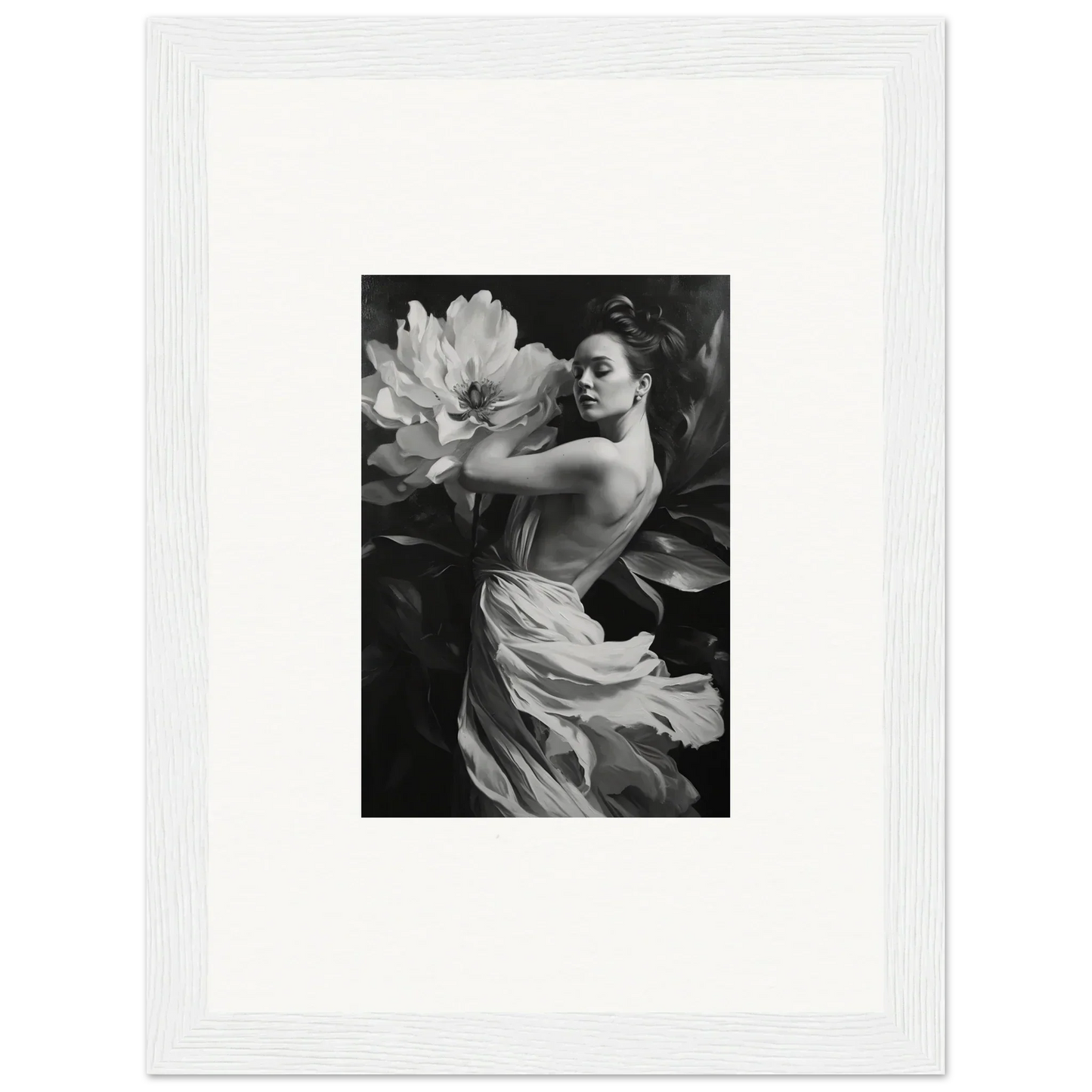 Black and white woman with fabric and flower, perfect for room decor and framed wall art