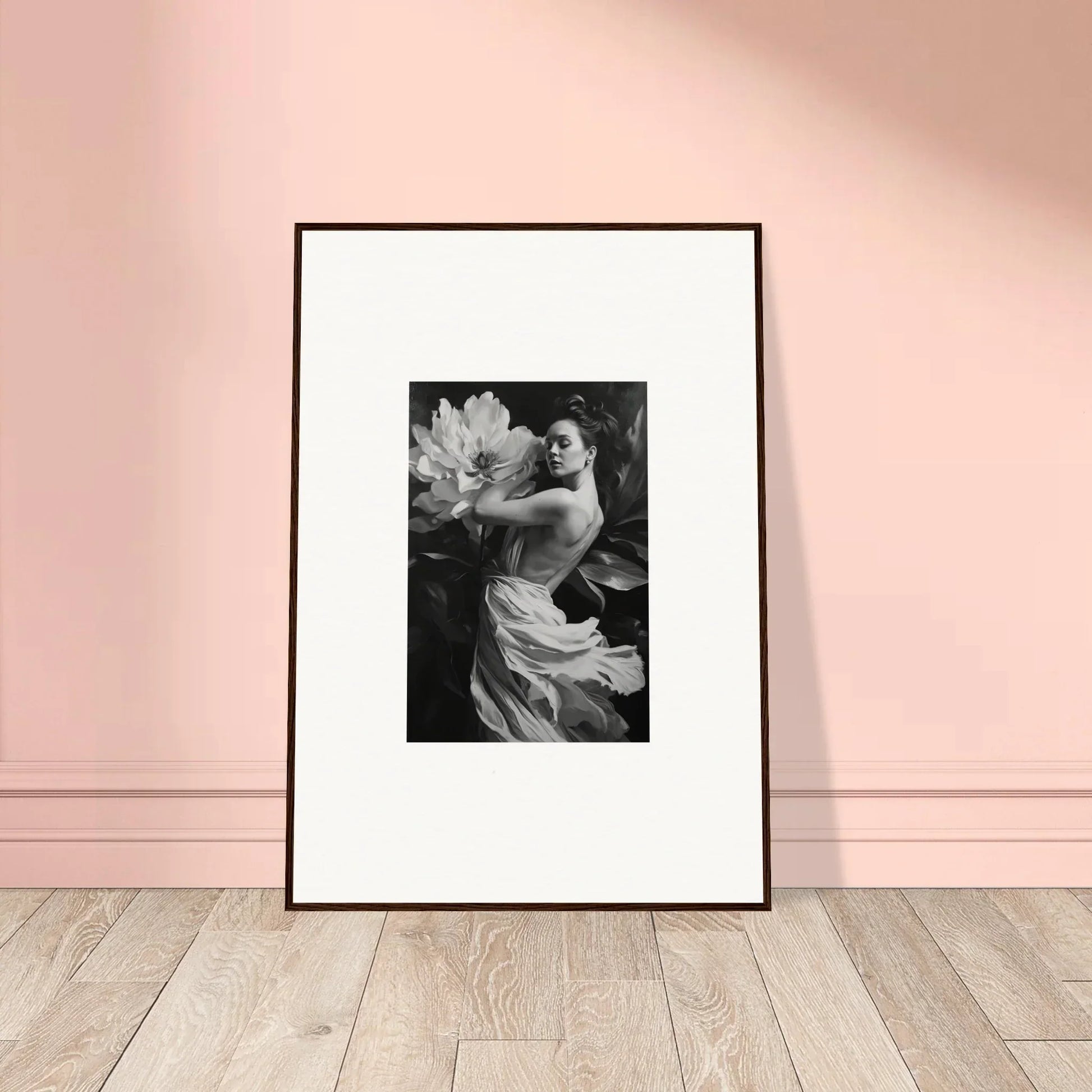 Framed black and white photograph for stylish room decor with large flower accent