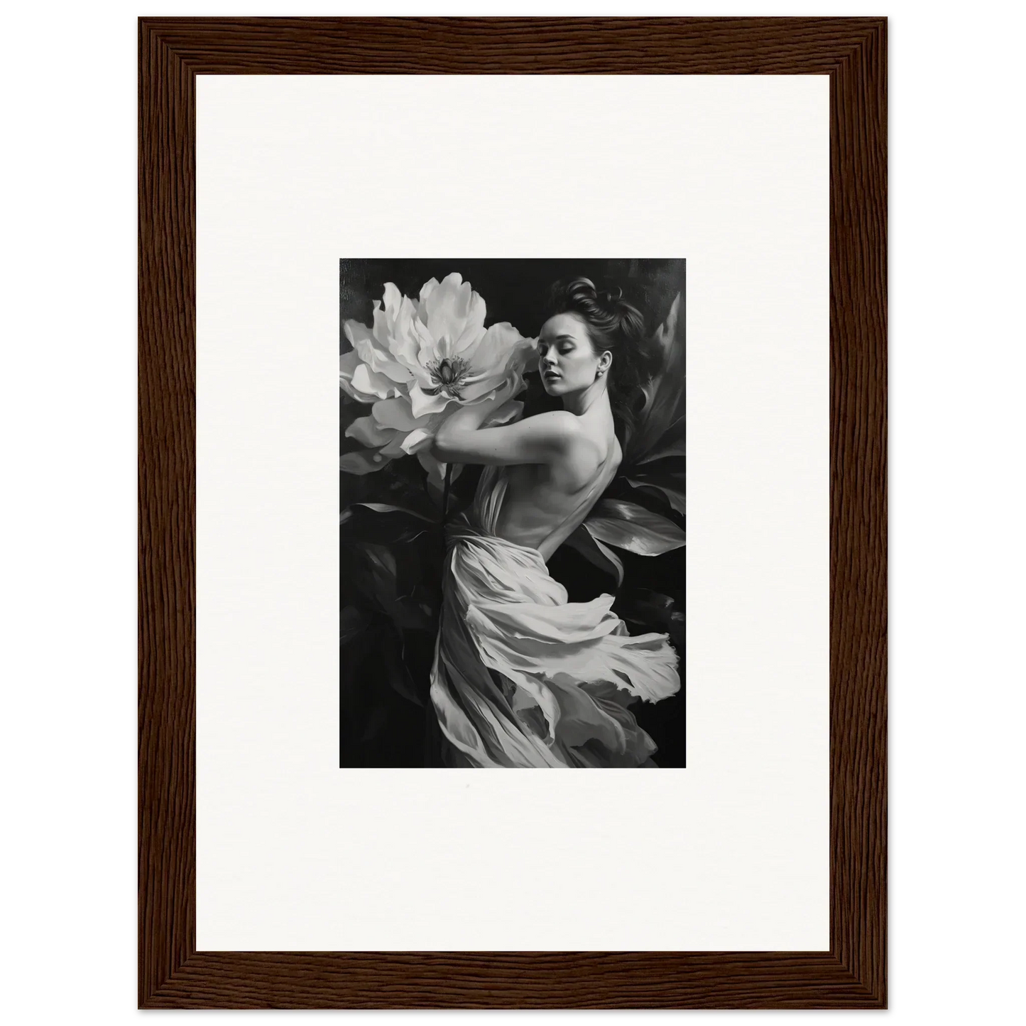 Black and white photograph of woman in flowing fabric for elegant room decor