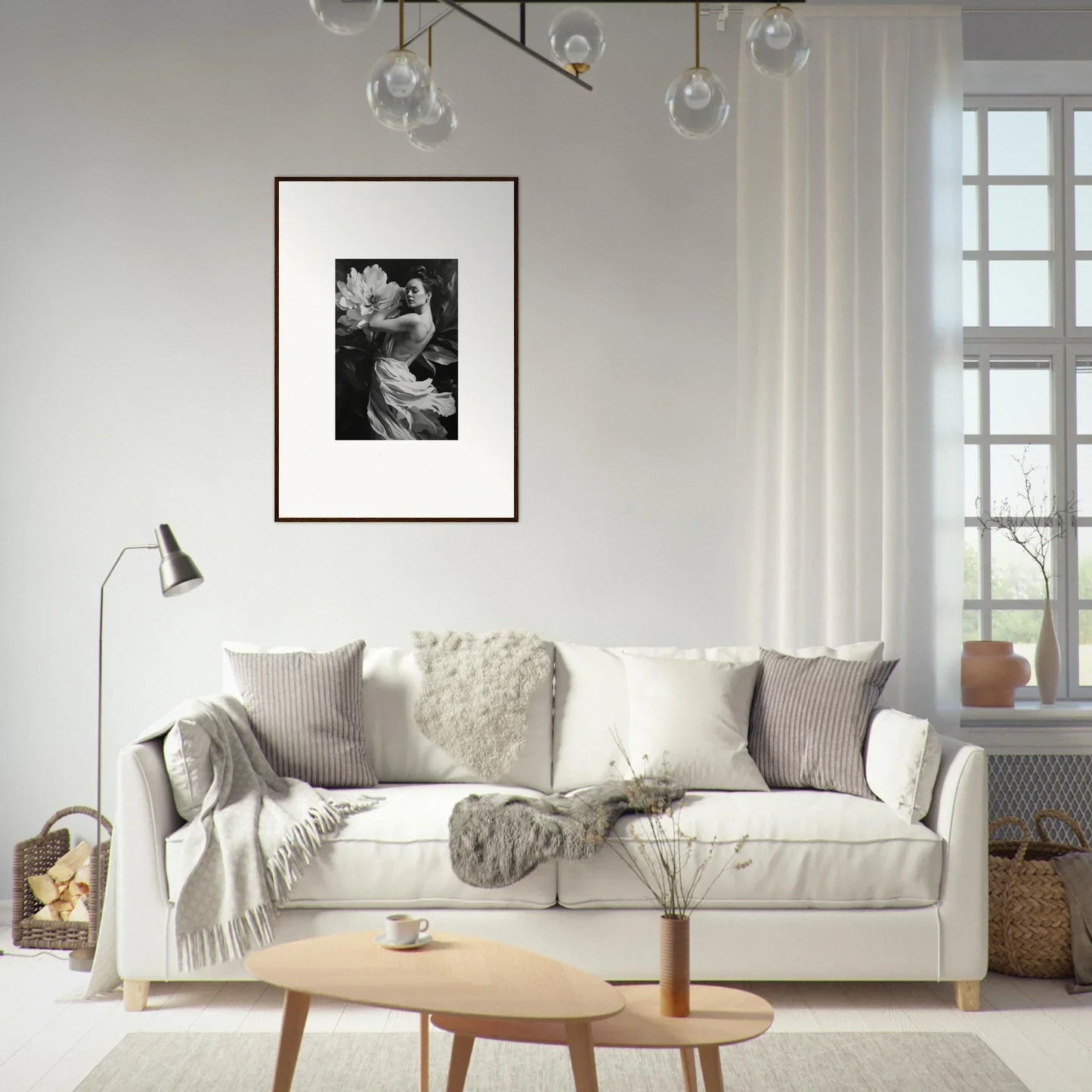 White sofa with throw pillows and blankets for stylish room decor and framed wall art