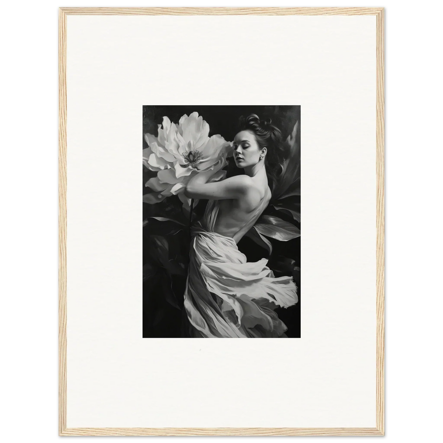 Black and white photograph of a woman in flowing fabric for framed wall art room decor