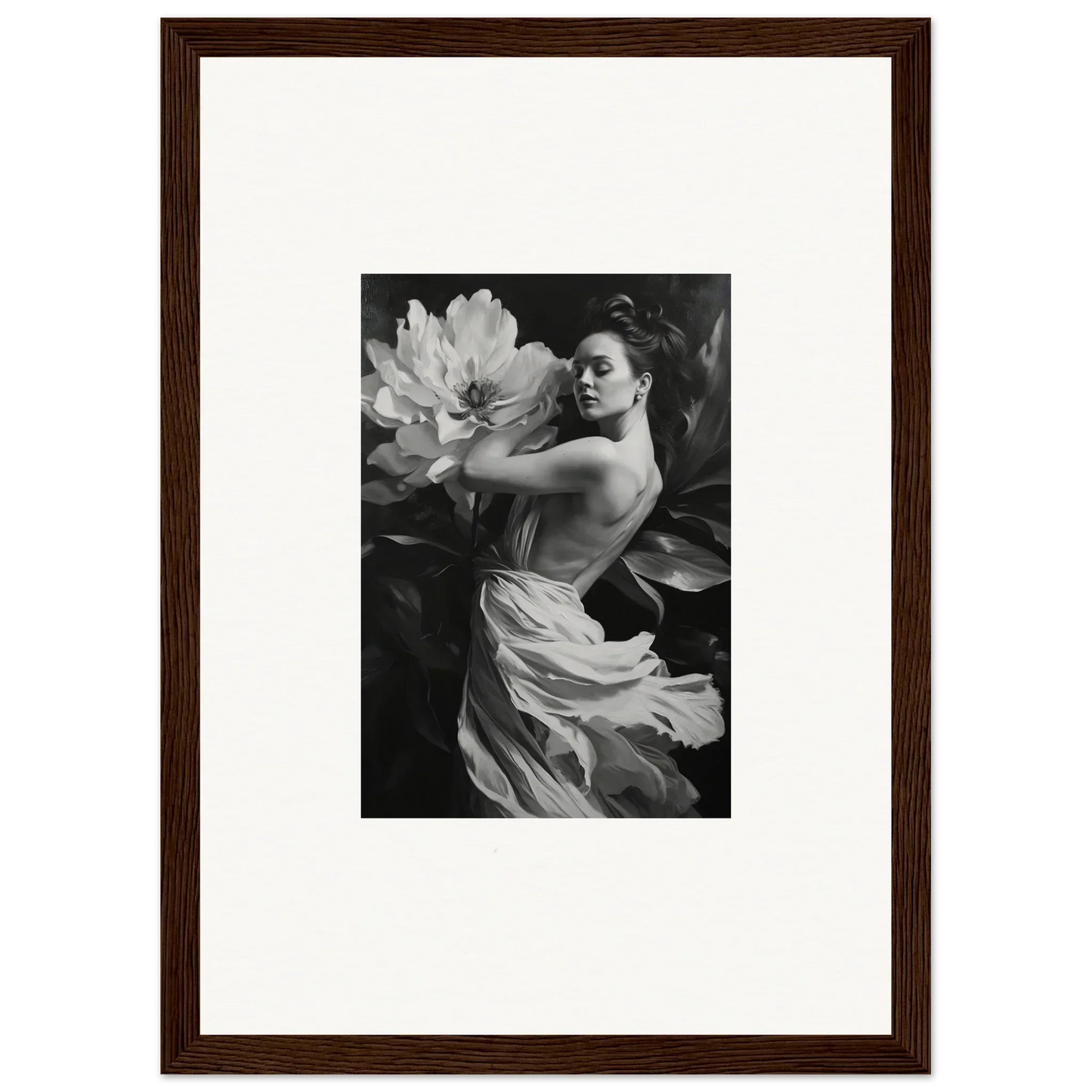 Black and white photograph of a woman with flowing fabric, perfect for room decor