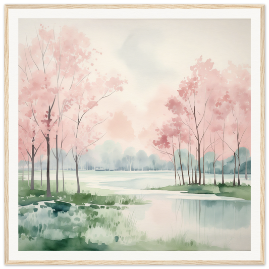 Watercolor painting of pink cherry blossom trees by a lake in Petal Resolve Bliss