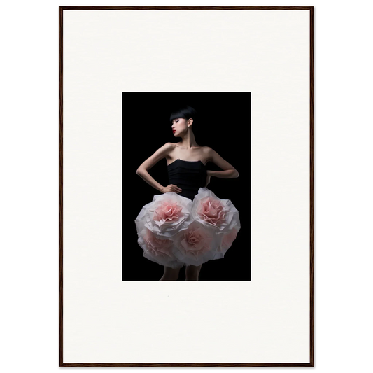 Elegantly posed figure wearing a black top and a skirt resembling giant pink roses.