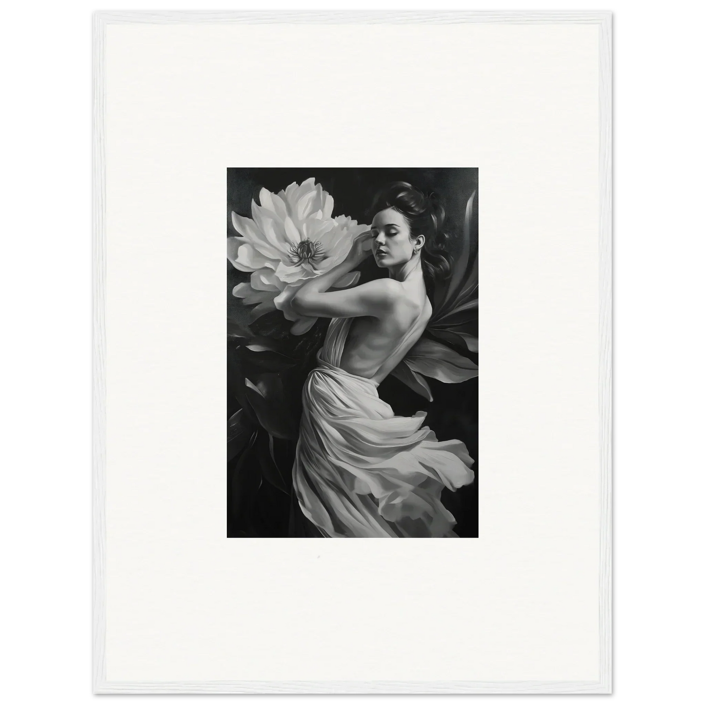 Black and white photograph of a woman in a white garment with a flower for petal reverie wall art