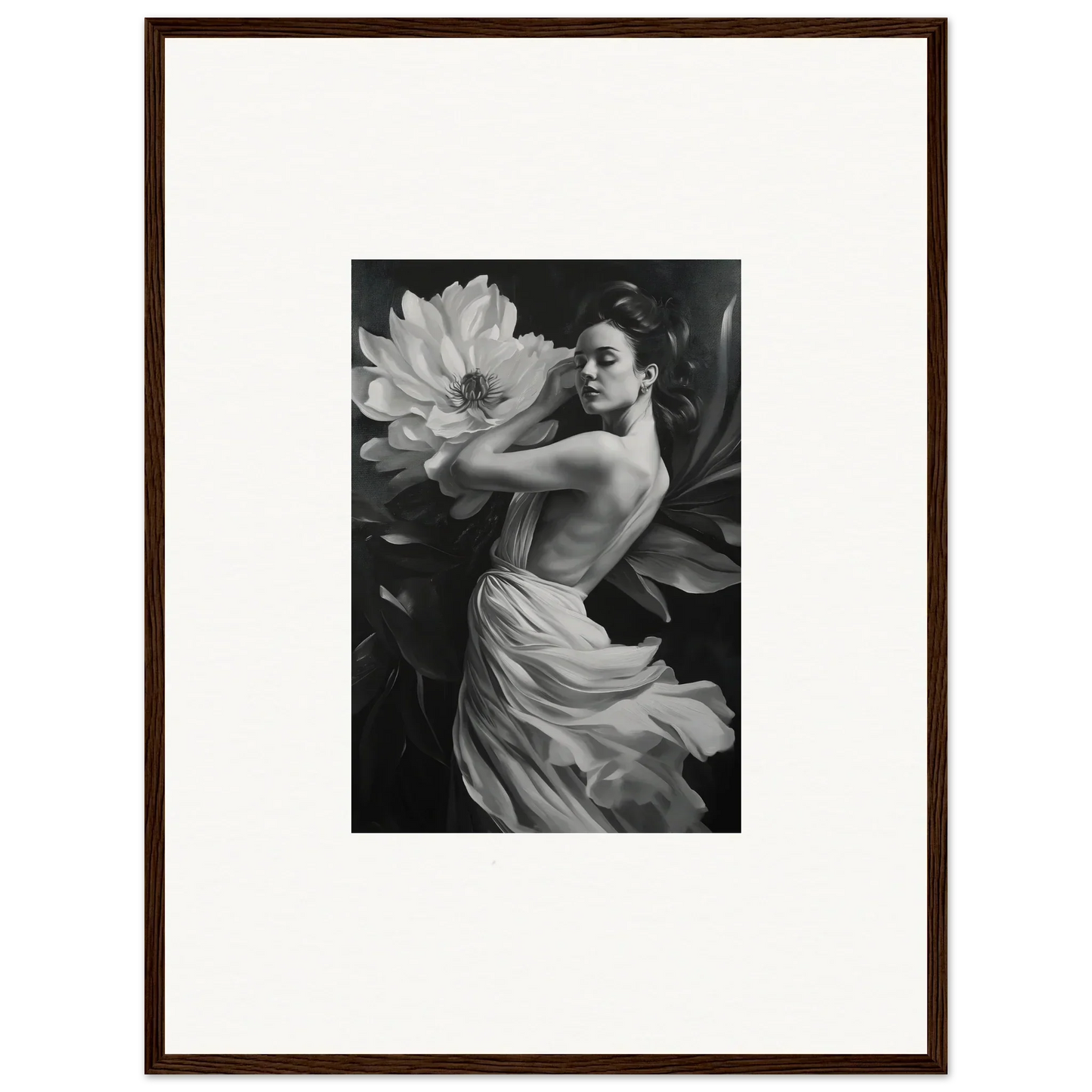 Black and white photo of a woman in a dress with a large flower for Petal Reverie wall art