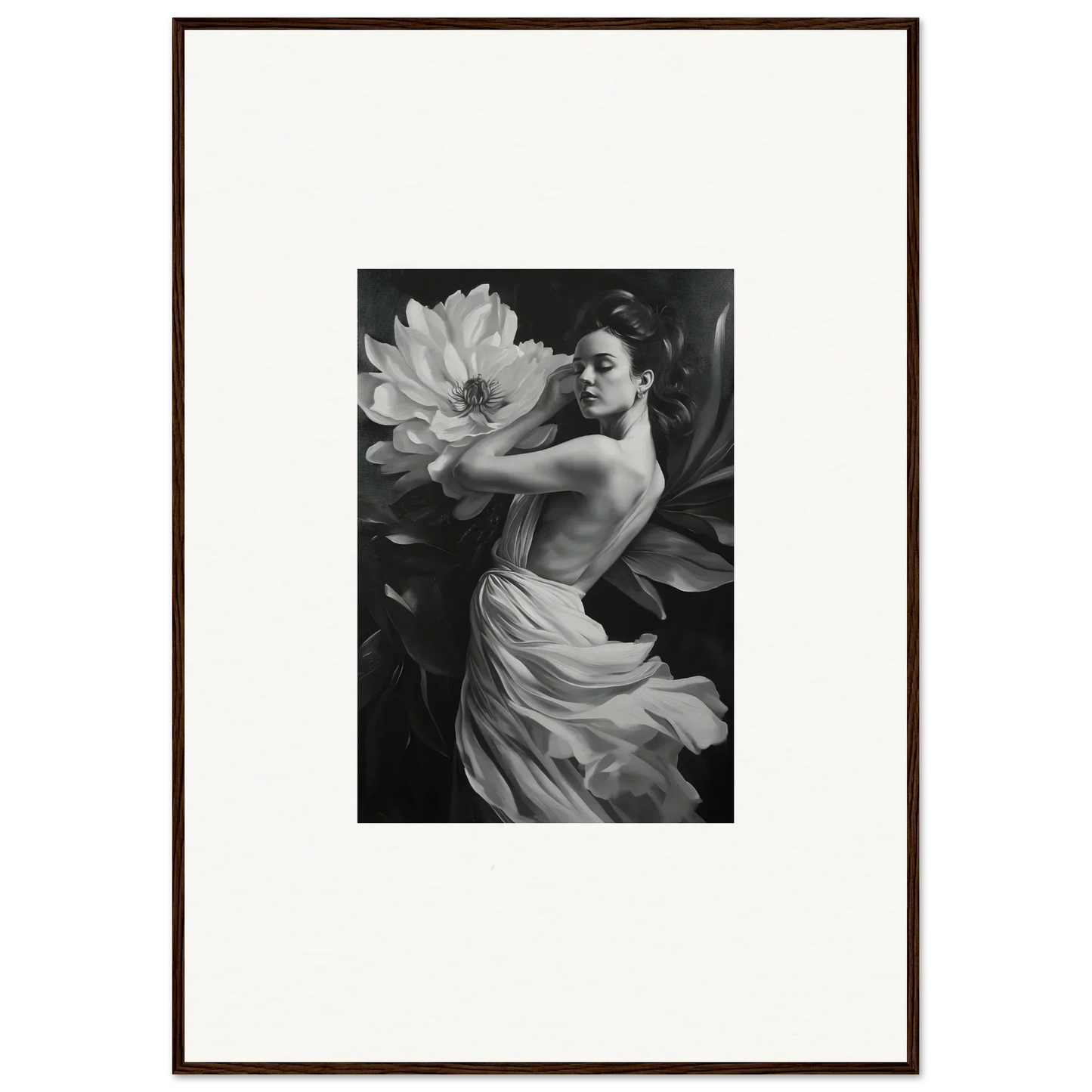 Black and white photo of a woman in a flowing dress for petal reverie room decor