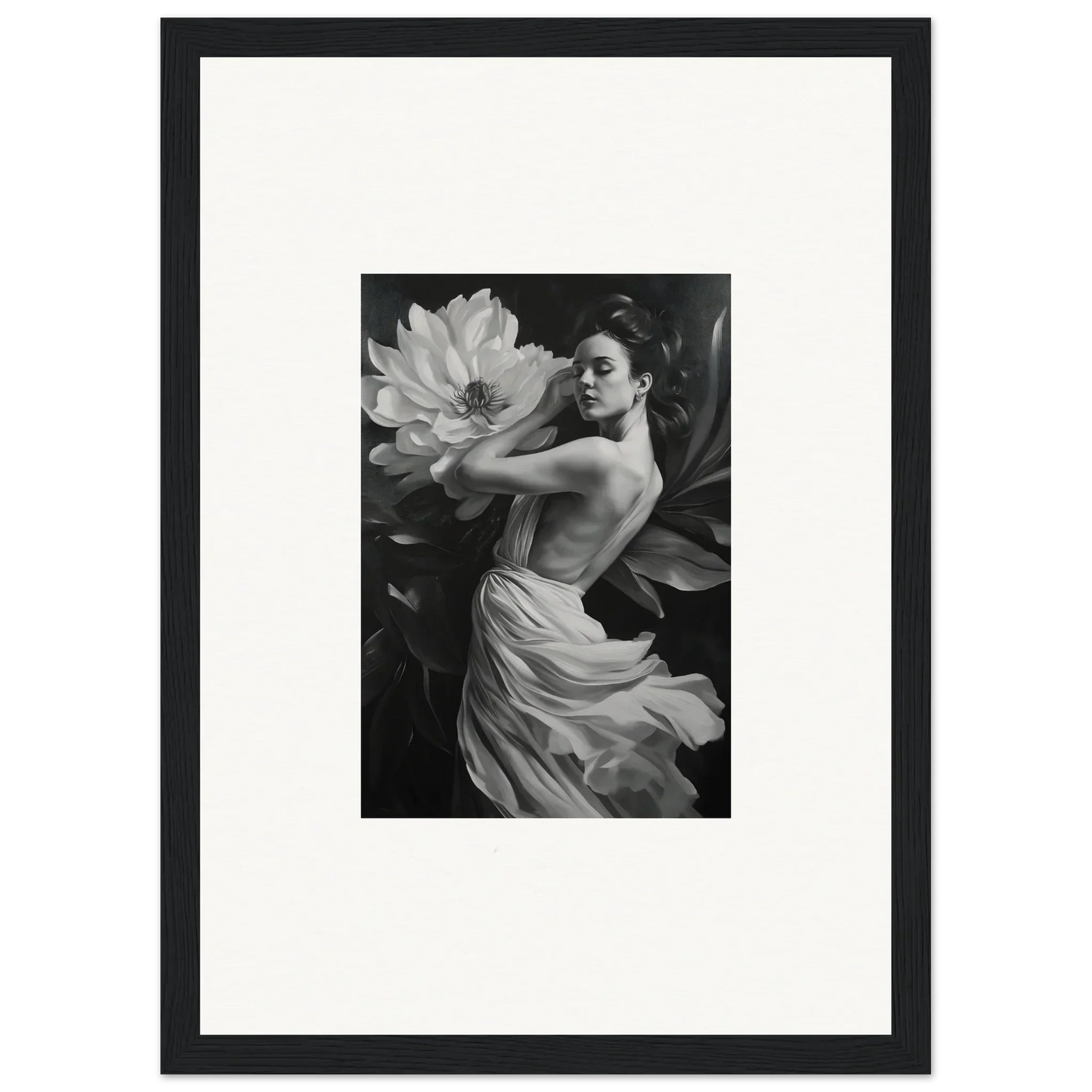 Black and white woman in flowing fabric poses with large flower for Petal Reverie wall art