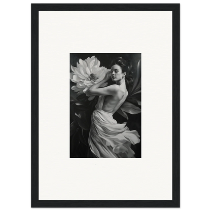 Black and white woman in flowing fabric poses with large flower for Petal Reverie wall art