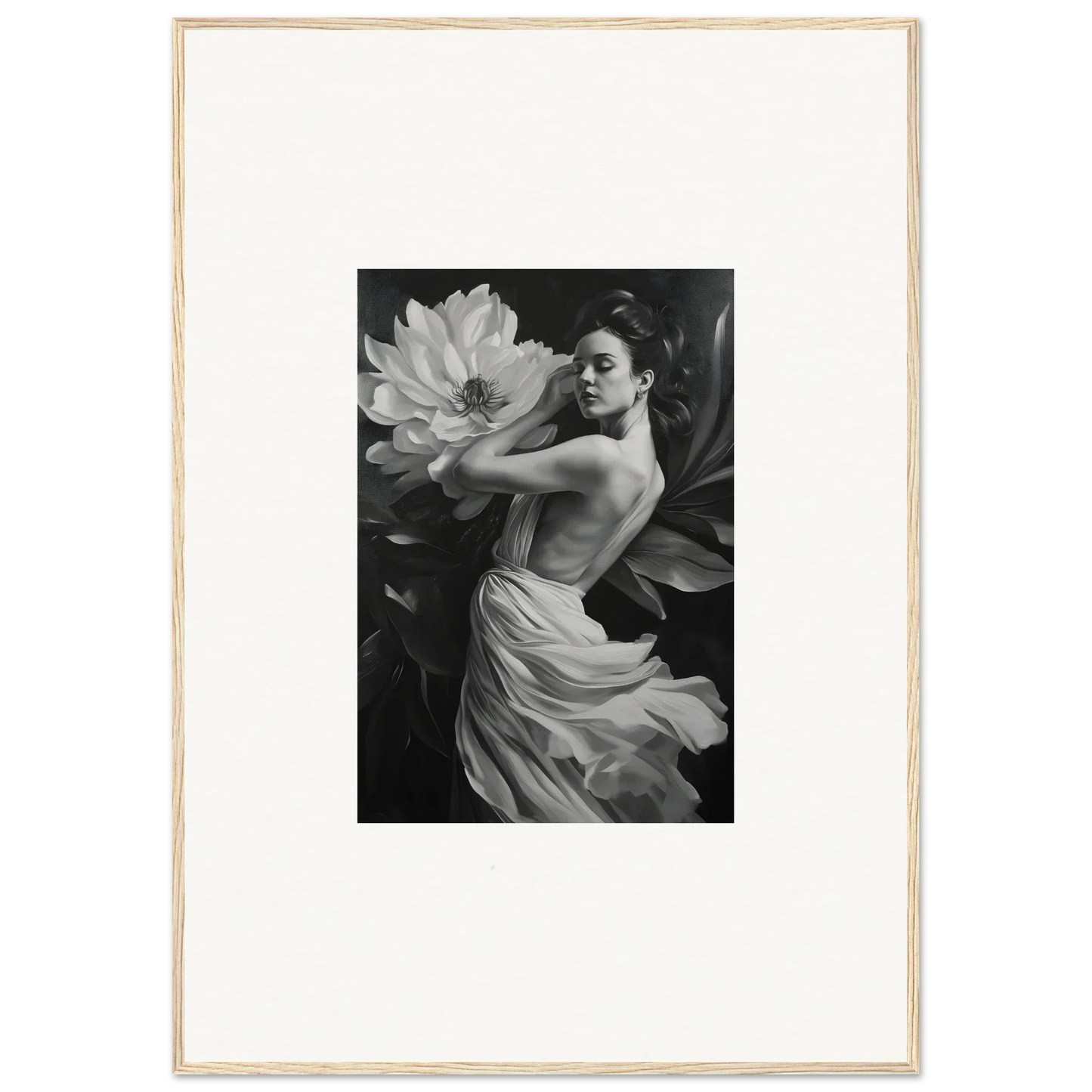 Black and white image of a woman in a dress with a flower for petal reverie room decor