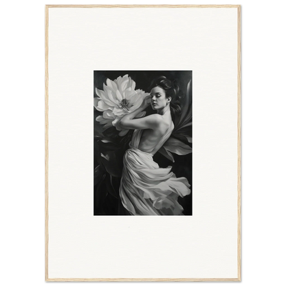 Black and white image of a woman in a dress with a flower for petal reverie room decor