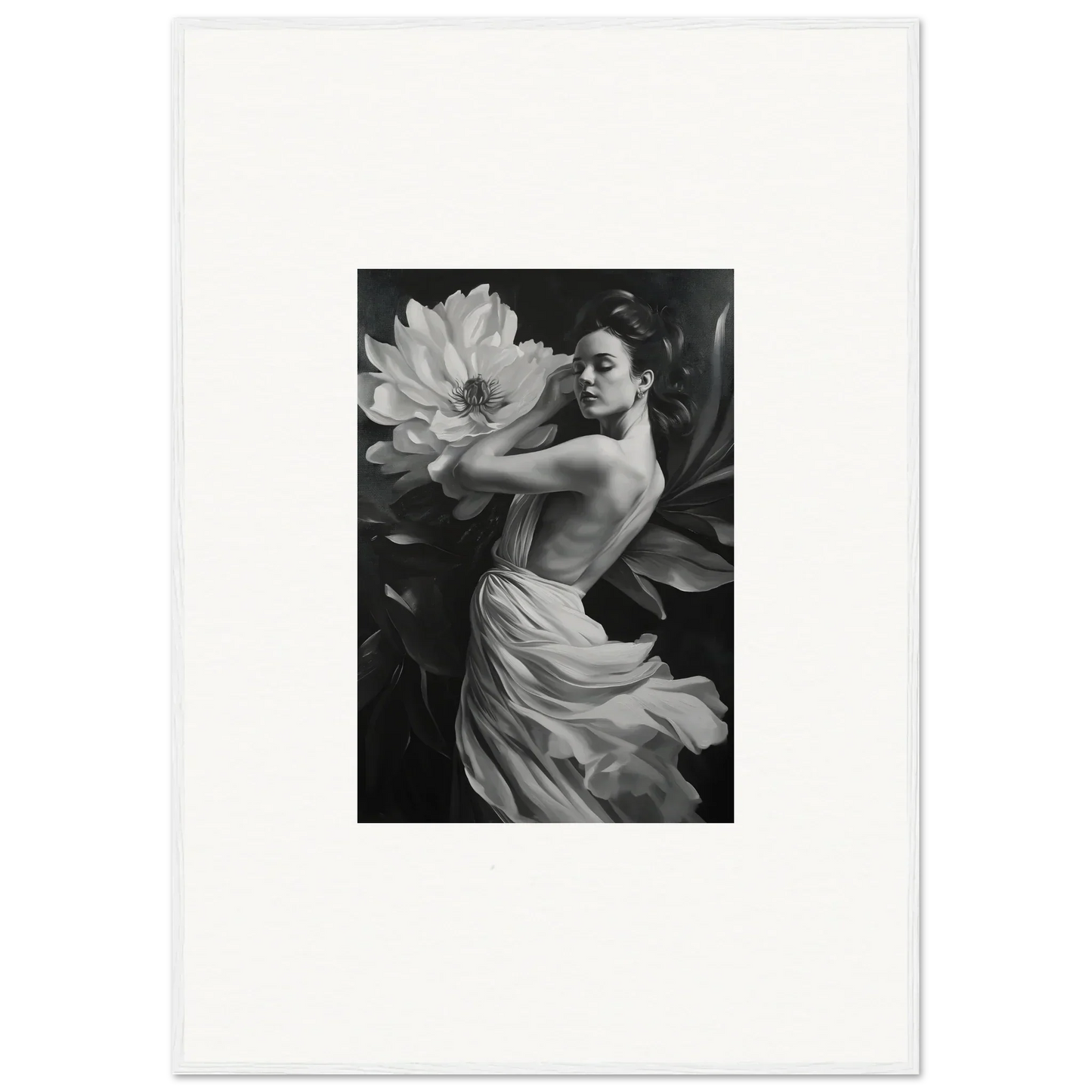 Black and white photo of a woman with a flower, ideal for Petal Reverie wall art