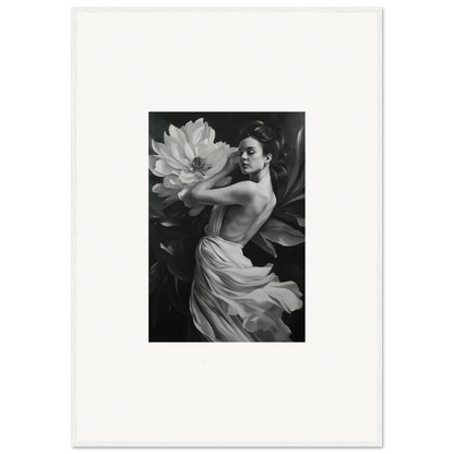 Black and white photo of a woman with a flower, ideal for Petal Reverie wall art