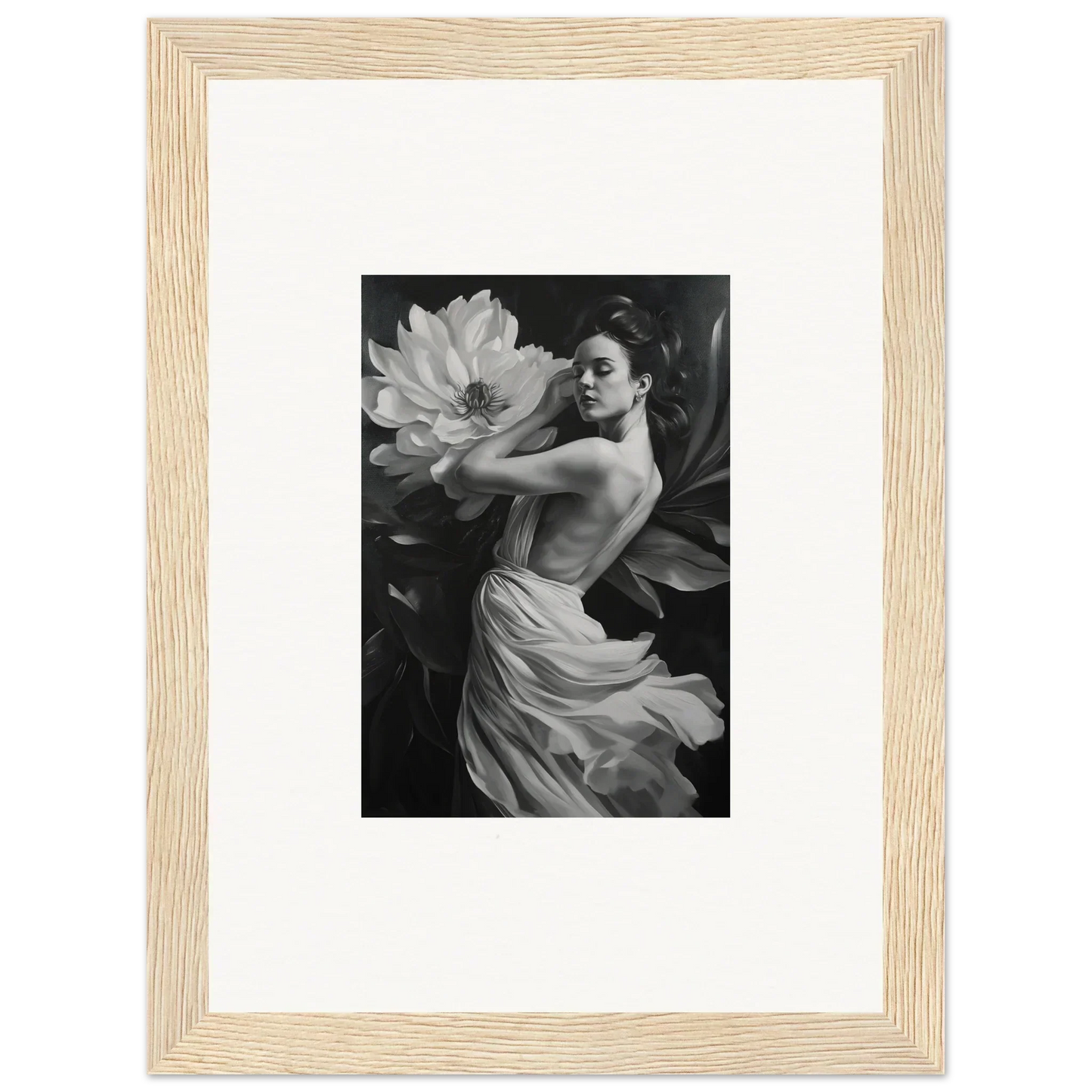 Black and white woman in flowing fabric showcases Whispering Petal Reverie wall art