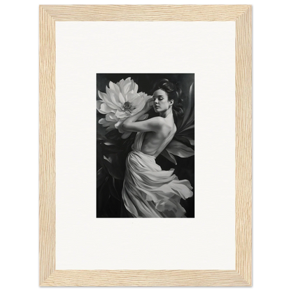 Black and white woman in flowing fabric showcases Whispering Petal Reverie wall art