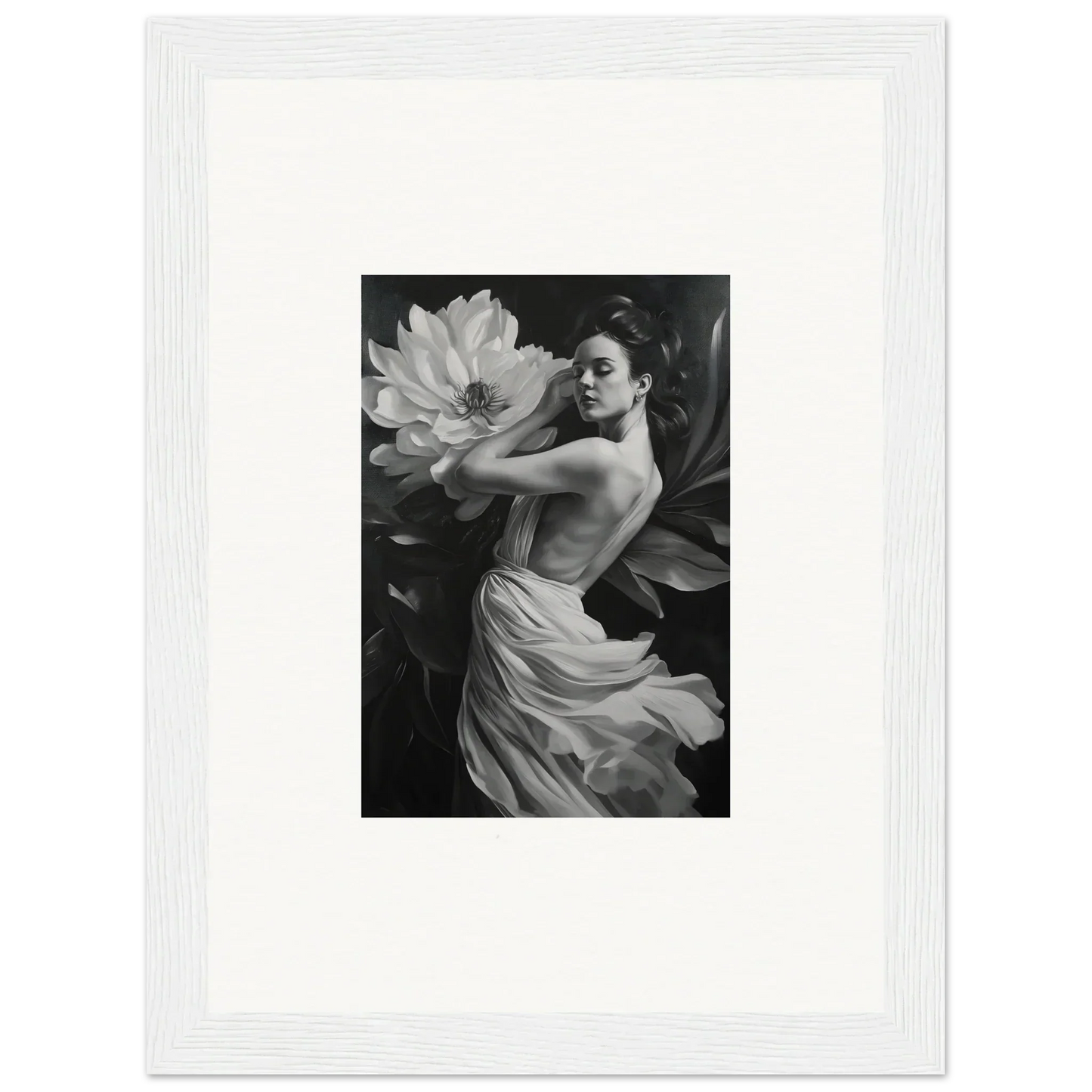 Black and white image of woman in flowing fabric, ideal for Petal Reverie room decor