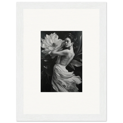 Black and white image of woman in flowing fabric, ideal for Petal Reverie room decor