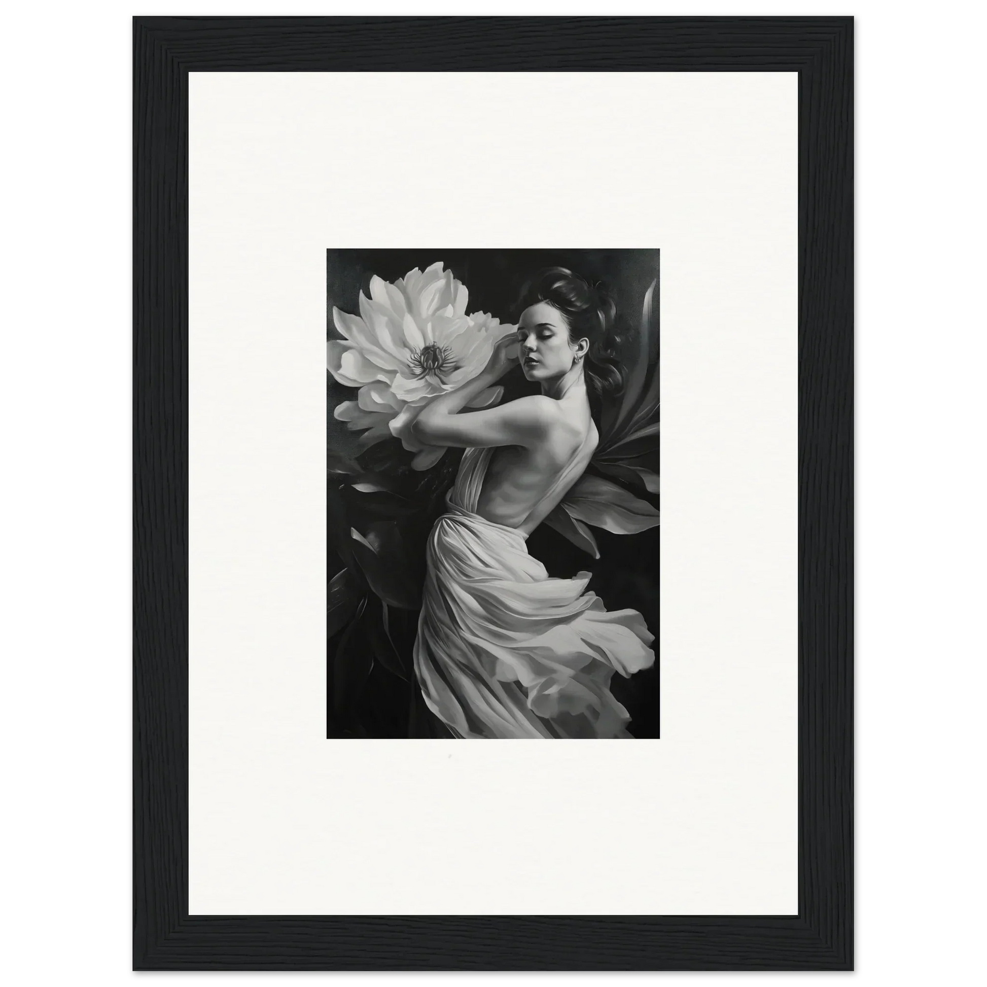 Black and white photograph of a woman in fabric, perfect for Petal Reverie room decor