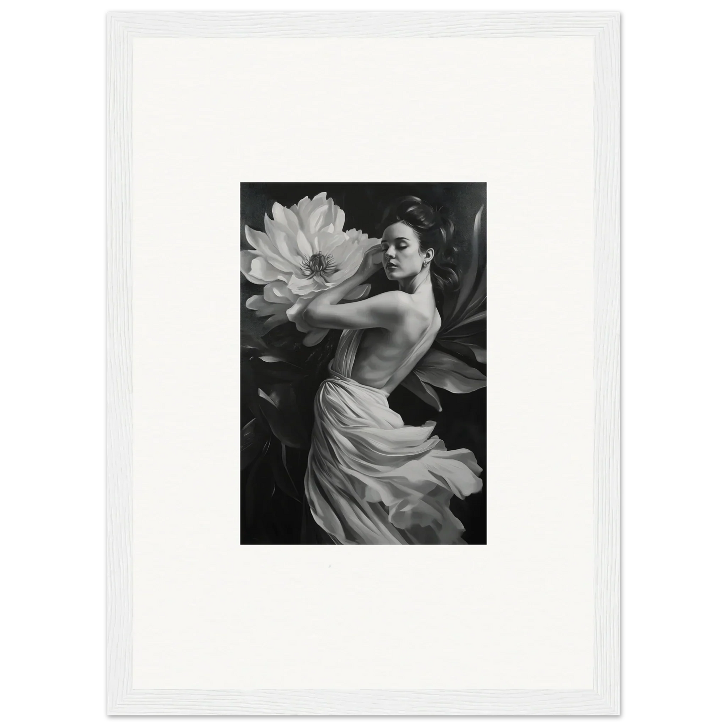 Black and white photo of a woman in a dress for petal reverie room decor wall art