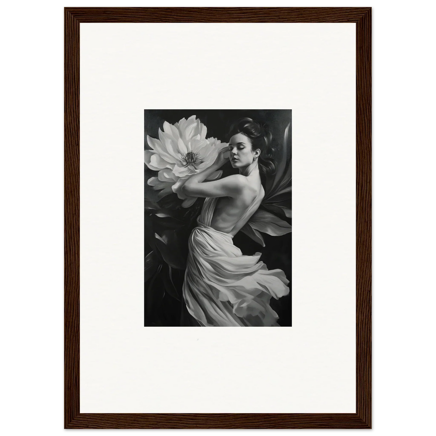 Black and white photo of a woman with a flower, perfect for Petal Reverie wall art