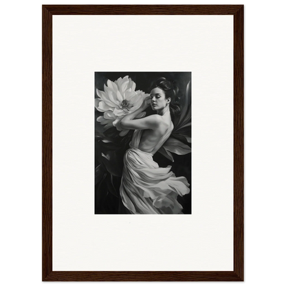 Black and white photo of a woman with a flower, perfect for Petal Reverie wall art