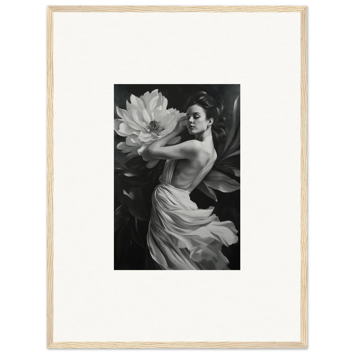 Black and white photo of a woman draped in fabric beside a flower for petal reverie room decor