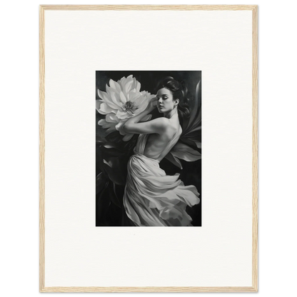 Black and white photo of a woman draped in fabric beside a flower for petal reverie room decor