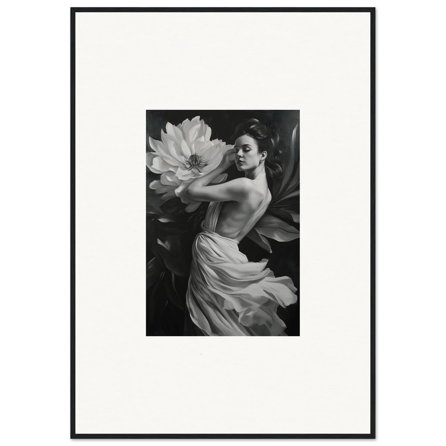 Black and white photo of a woman in a flowing dress with a giant flower, Petal Reverie