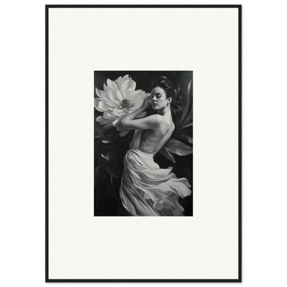 Black and white photo of a woman in a flowing dress with a giant flower, Petal Reverie