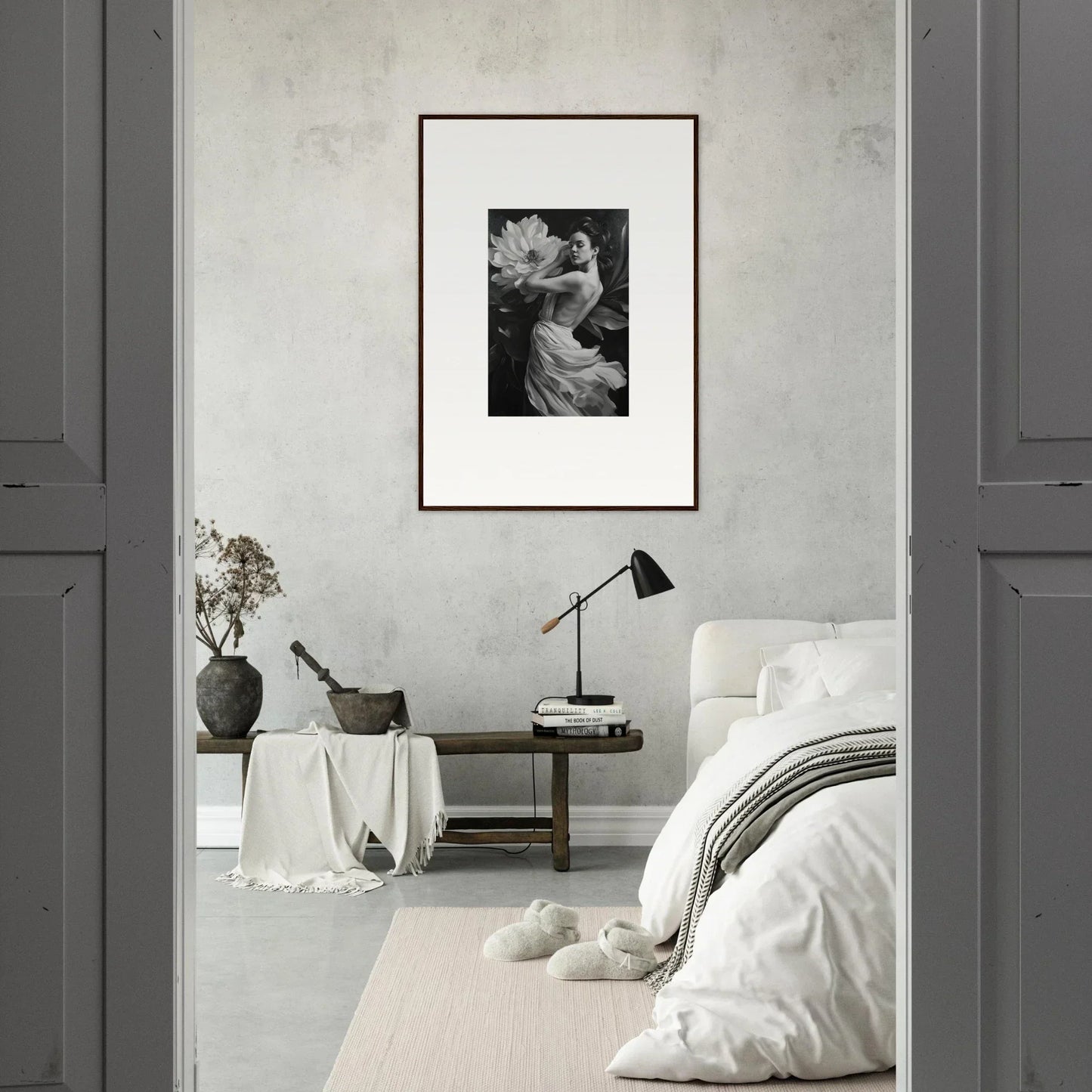 Framed black and white petal reverie photograph for elegant room decor