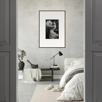 Framed black and white petal reverie photograph for elegant room decor