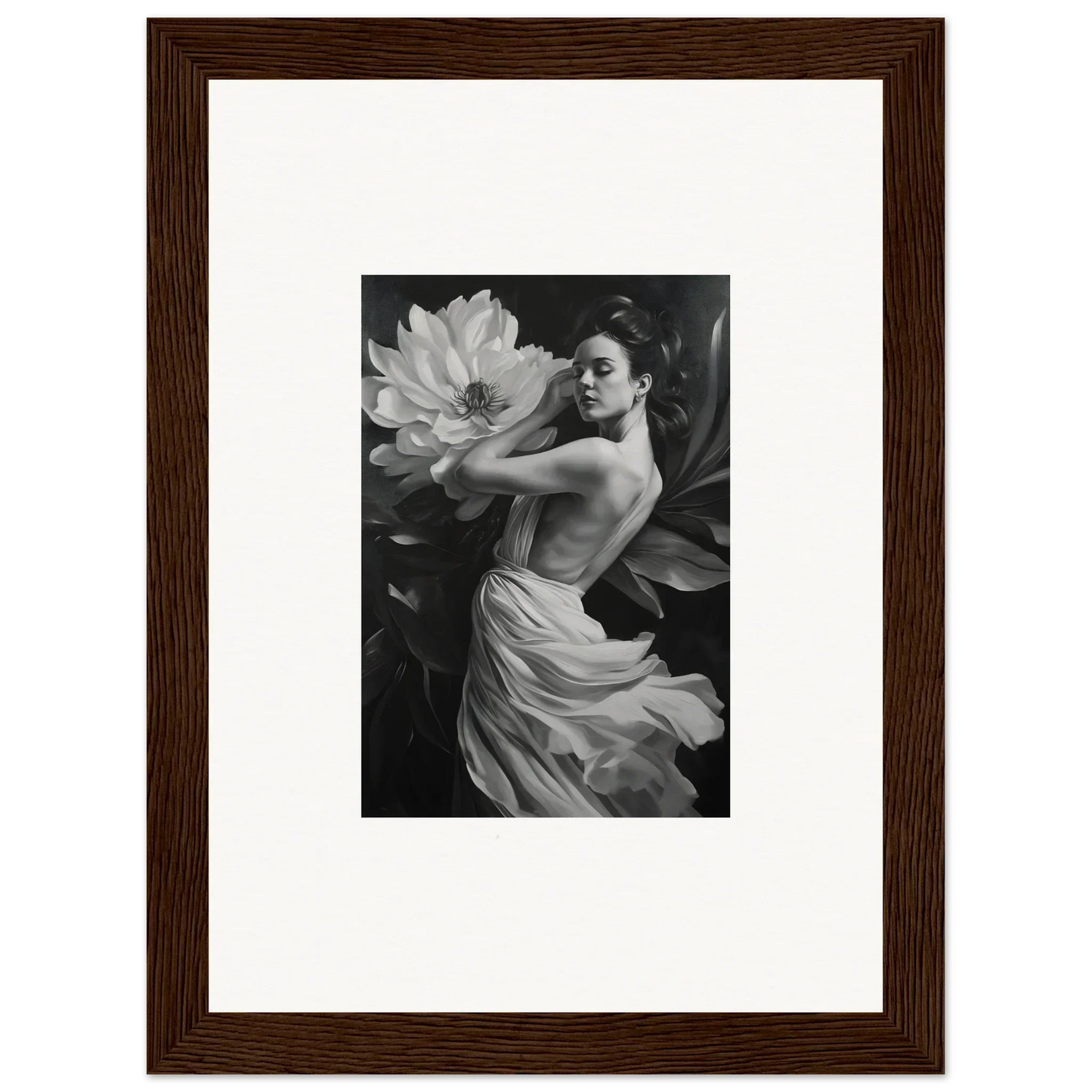 Framed wall art of a woman with a large flower, perfect for Petal Reverie room decor