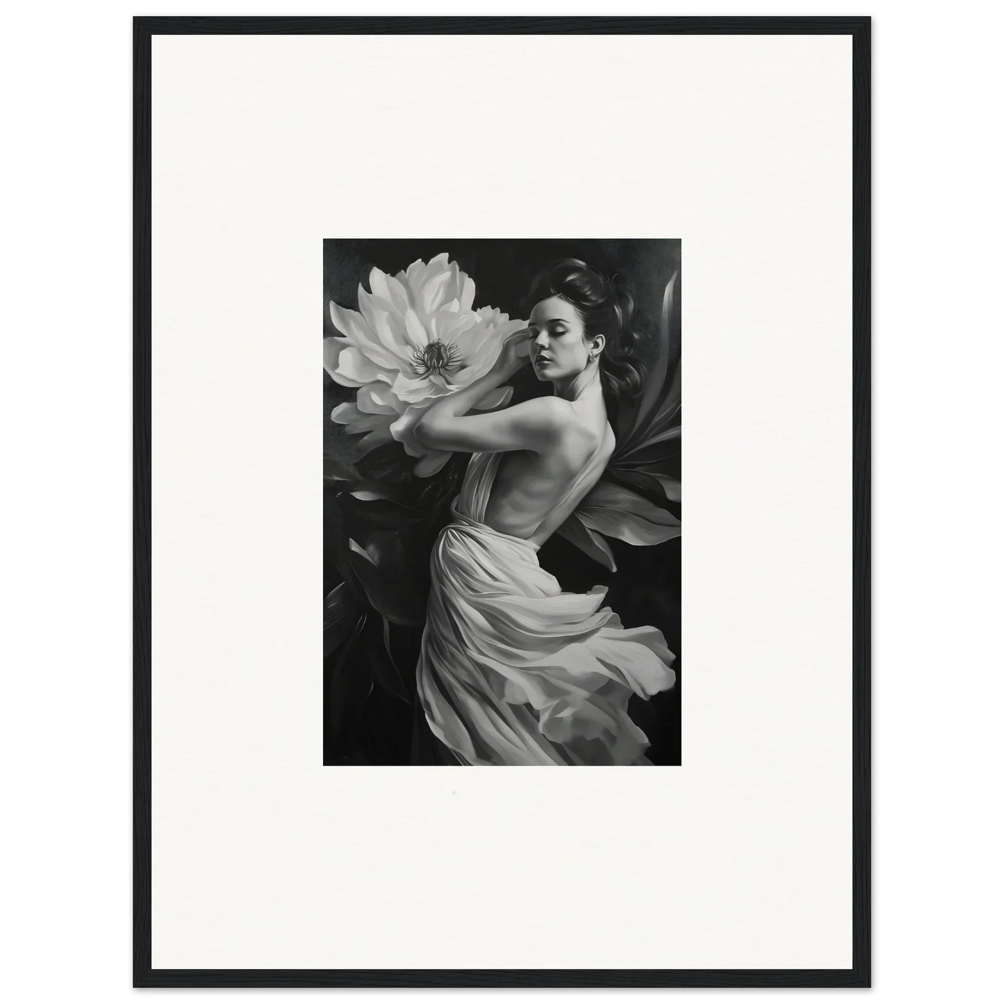 Black and white image of woman with flower, perfect for petal reverie room decor